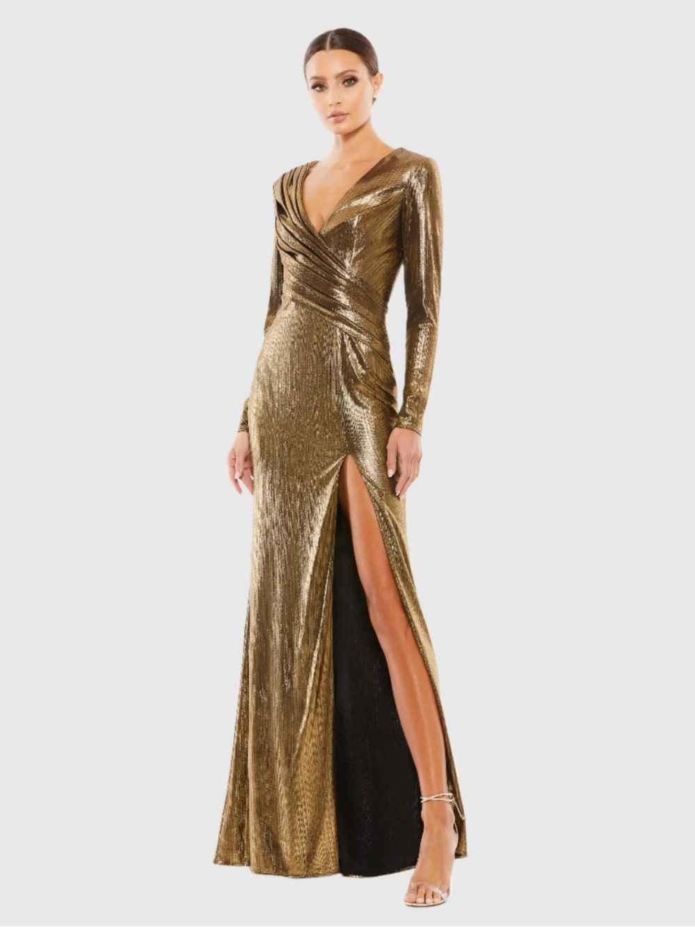 Ieena For Mac Duggal Gold Metallic Long Sleeve Asymmetrical Ruched Gown Sz 0 NWT